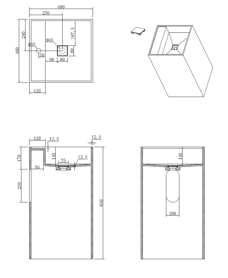 Раковина напольная Cube Corian 480*480*850 Calacatta – фото 2