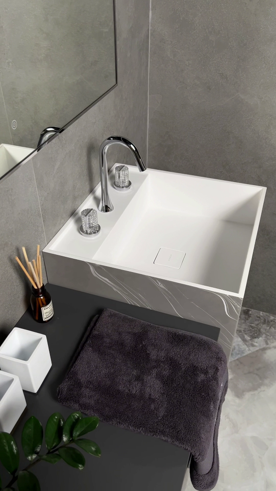 Раковина напольная Cube Corian 480*480*850 Grey base+white veins – фото 4