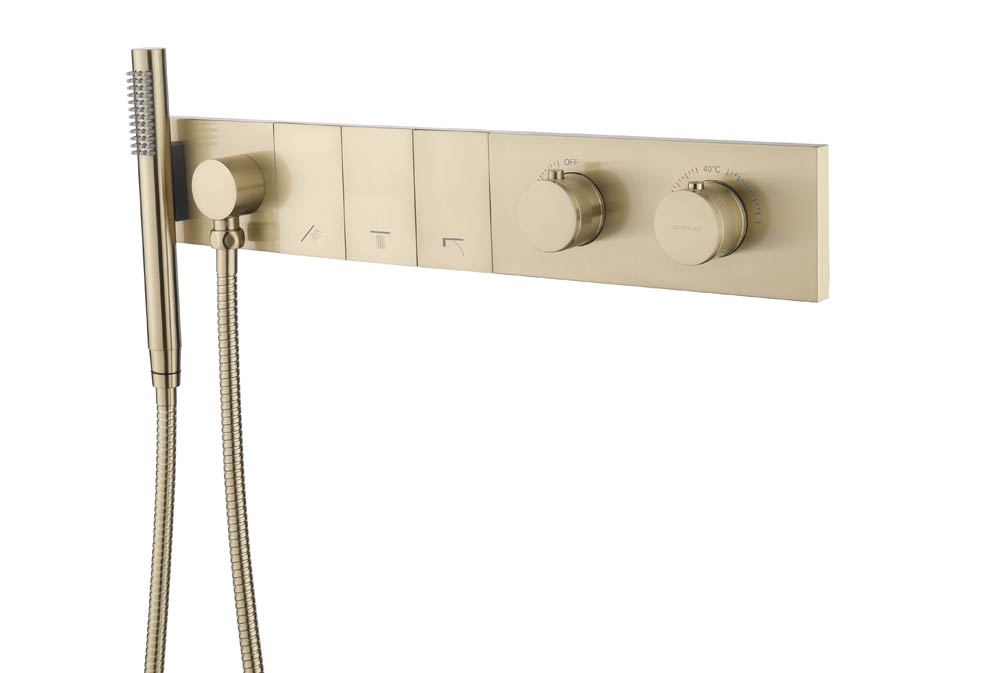 Смеситель ZODIAC THERMO с ручным душем MATT GOLD – фото