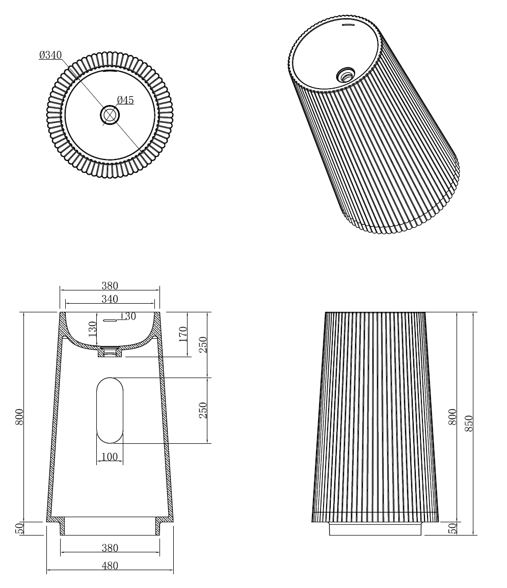 Раковина напольная рифленая Torre Corian 480*480*850 Burgundy – фото 2