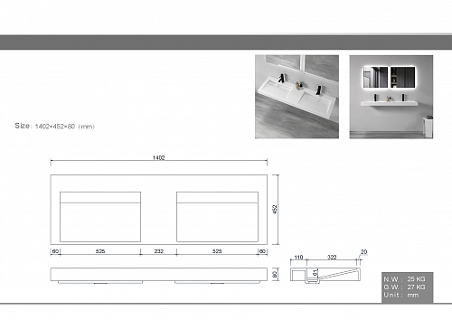 Столешница моноблок FLAT 140*46см на 2 чаши