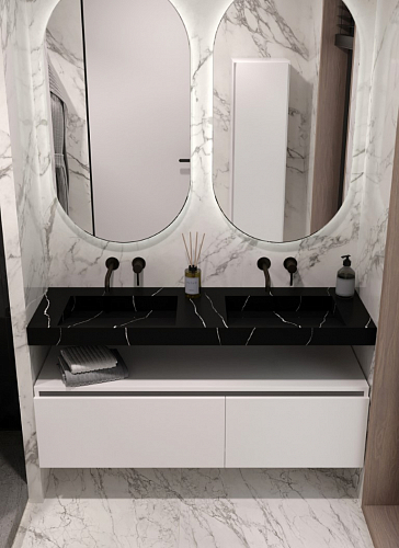 Столешница моноблок FLAT NERO MARQUINA (1410*452*80) 2 чаши