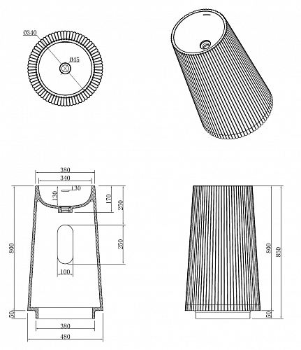 Раковина напольная рифленая Torre Corian 480*480*850 Matt White